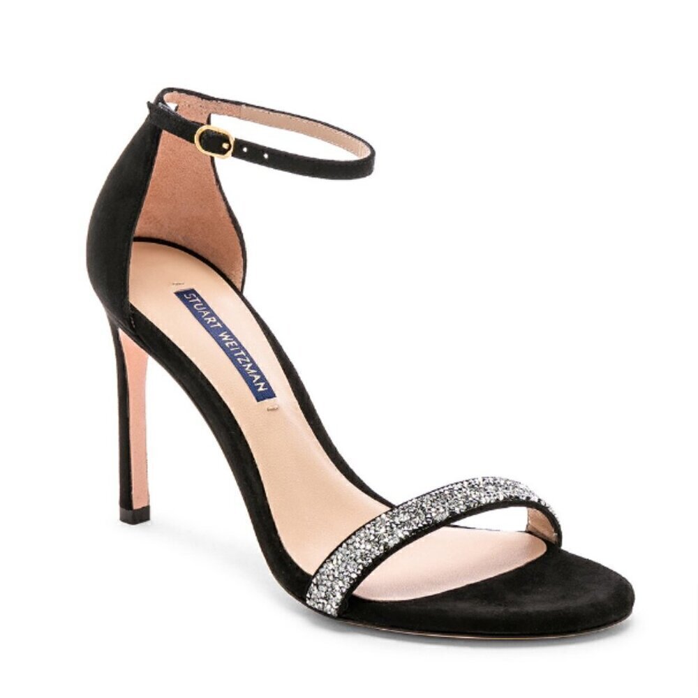 Stuart Weitzman Nudist Nudistsong Black Suede Crystal Embellished Sandal 9.5 New